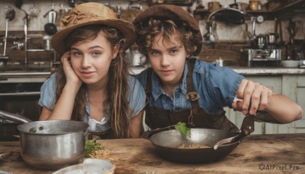 long hair,looking at viewer,smile,blue eyes,multiple girls,brown hair,shirt,hat,holding,2girls,closed mouth,upper body,short sleeves,food,collared shirt,indoors,blurry,apron,lips,siblings,table,blue shirt,sisters,hand on own face,freckles,bowl,head rest,realistic,brown headwear,straw hat,hand on own cheek,overalls,kitchen,counter,soup,short hair,brown eyes,parted lips,bird,knife,striped shirt,spoon,dirty,spatula