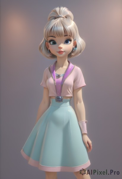 1girl,solo,breasts,looking at viewer,smile,short hair,bangs,blue eyes,skirt,blonde hair,shirt,jewelry,closed mouth,standing,short sleeves,earrings,small breasts,belt,bracelet,lips,blue skirt,see-through,wrist cuffs,makeup,lipstick,wristband,pink shirt,arms at sides,red lips,aqua skirt,dress,white hair