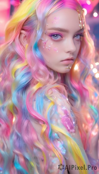 1girl,solo,long hair,looking at viewer,blue eyes,blonde hair,hair ornament,jewelry,closed mouth,blue hair,upper body,pink hair,multicolored hair,looking back,artist name,star (symbol),blurry,from side,two-tone hair,lips,streaked hair,grey eyes,eyelashes,tattoo,makeup,depth of field,blurry background,wavy hair,piercing,web address,eyeshadow,realistic,nose,eyeliner,colorful,mascara,hairclip,watermark,facial mark,expressionless,forehead,pink lips,bokeh,rainbow hair