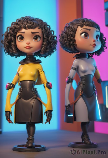 1girl,breasts,looking at viewer,short hair,brown hair,black hair,dress,brown eyes,standing,full body,small breasts,dark skin,dark-skinned female,lips,covered navel,multiple views,blurry background,robot,science fiction,curly hair,android,joints,cyborg,robot joints,very dark skin,cyberpunk,solo,skirt,makeup,lipstick,no nipples