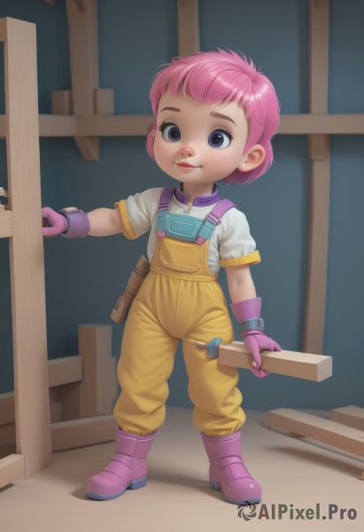 1girl,solo,looking at viewer,smile,short hair,blue eyes,shirt,gloves,closed mouth,standing,full body,white shirt,pink hair,short sleeves,boots,lips,child,pink footwear,female child,overalls,purple gloves,pink gloves,rubber boots,wrench