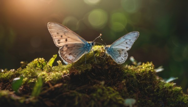 flower,outdoors,wings,day,blurry,tree,no humans,depth of field,blurry background,leaf,sunlight,grass,bug,plant,butterfly,nature,scenery,flying,blurry foreground,antennae,bokeh,animal,light particles,lens flare,forest,moss