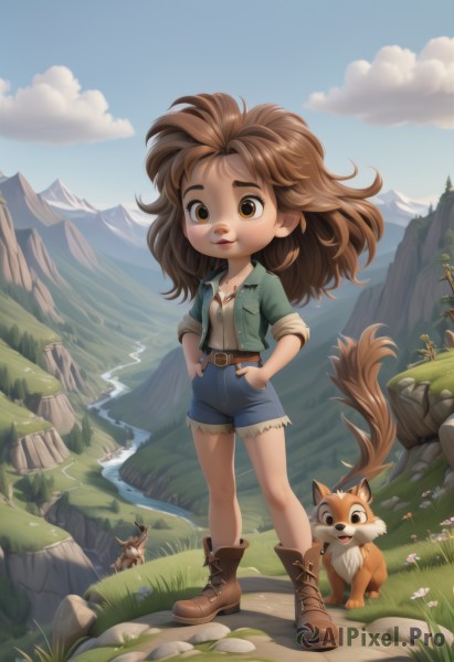 1girl,solo,long hair,smile,brown hair,shirt,brown eyes,jewelry,standing,jacket,tail,full body,white shirt,flower,boots,outdoors,parted lips,open clothes,sky,shorts,teeth,day,belt,cloud,signature,water,necklace,open jacket,tree,blue sky,lips,short shorts,animal,brown footwear,grass,denim,messy hair,nature,furry,sleeves rolled up,freckles,blue shorts,denim shorts,hands on hips,dog,rock,mountain,hands in pockets,cutoffs,river,cliff,looking at viewer,open mouth,animal ears,artist name,watermark,green jacket,fox