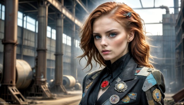 HQ,1girl,solo,long hair,breasts,looking at viewer,blue eyes,brown hair,hair ornament,jewelry,upper body,parted lips,hairclip,artist name,blurry,uniform,lips,military,depth of field,blurry background,watermark,building,freckles,science fiction,realistic,aircraft,emblem,badge,dirty,patch,shirt,jacket,earrings,orange hair,eyelashes,window,military uniform,makeup,formal,suit,lipstick,medal