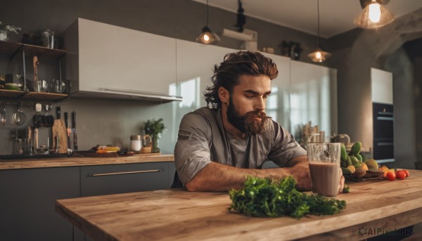 solo,short hair,brown hair,shirt,1boy,brown eyes,closed mouth,white shirt,upper body,male focus,food,indoors,signature,blurry,vest,cup,window,fruit,blurry background,facial hair,table,bottle,beard,sleeves rolled up,drinking glass,mug,mustache,lamp,kitchen,tomato,vegetable,arm hair,counter,lettuce,onion,salad,black hair,sitting,alcohol,realistic,hair slicked back,lemon,bar (place)