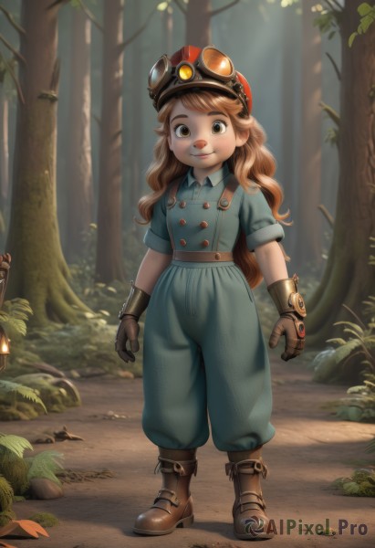 1girl,solo,long hair,looking at viewer,smile,brown hair,shirt,gloves,hat,brown eyes,closed mouth,standing,full body,short sleeves,boots,outdoors,day,collared shirt,belt,pants,tree,buttons,brown footwear,sunlight,suspenders,blue shirt,goggles,child,nature,furry,brown gloves,forest,freckles,goggles on head,furry female,female child,overalls,mushroom,green pants,goggles on headwear,leaf,helmet