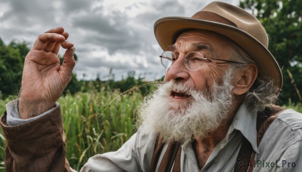 solo,open mouth,shirt,long sleeves,1boy,hat,closed eyes,white shirt,upper body,white hair,grey hair,male focus,outdoors,sky,glasses,teeth,day,collared shirt,cloud,hand up,blurry,tree,blurry background,facial hair,cloudy sky,plant,nature,beard,realistic,round eyewear,mustache,brown headwear,manly,old,old man,looking at viewer,signature,depth of field,suspenders,grass,portrait,brown jacket