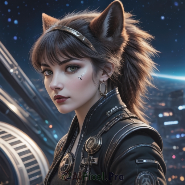 1girl,solo,long hair,looking at viewer,short hair,bangs,brown hair,black hair,animal ears,brown eyes,jewelry,green eyes,jacket,upper body,hairband,earrings,outdoors,parted lips,sky,artist name,cat ears,blurry,from side,lips,black jacket,eyelashes,makeup,night,depth of field,blurry background,fake animal ears,facial mark,star (sky),night sky,extra ears,starry sky,hoop earrings,realistic,nose,red lips,leather,leather jacket,closed mouth,open clothes,signature,open jacket,wolf ears,lipstick,zipper,space,facepaint,facial tattoo,planet