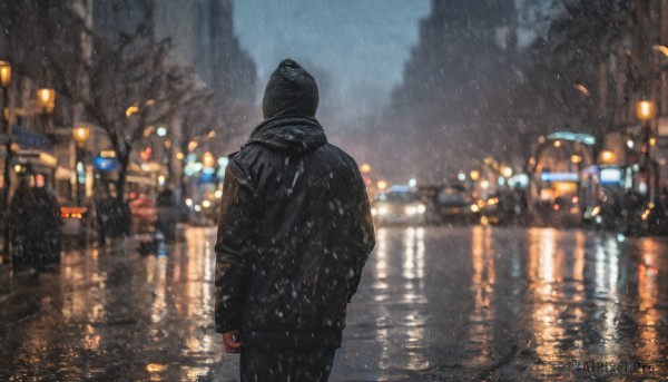 solo, long sleeves, 1boy, standing, jacket, male focus, outdoors, sky, hood, water, from behind, blurry, tree, black jacket, night, depth of field, blurry background, building, scenery, motor vehicle, hood up, reflection, rain, city, road, lamppost, street