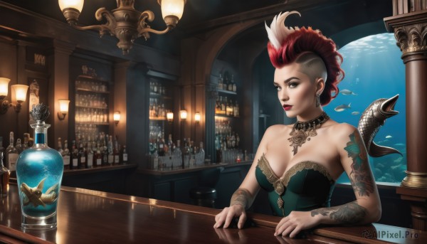 1girl,solo,breasts,short hair,large breasts,hair ornament,dress,cleavage,bare shoulders,brown eyes,jewelry,medium breasts,sitting,closed mouth,red hair,multicolored hair,earrings,choker,pointy ears,indoors,necklace,two-tone hair,cup,lips,grey eyes,strapless,tattoo,makeup,bird,animal,table,bottle,feathers,lipstick,strapless dress,lace,alcohol,eyeshadow,drinking glass,fish,green dress,nose,red lips,glass,eyeliner,scales,arm tattoo,shelf,wine bottle,mascara,bar (place),counter,aquarium,looking at viewer,water,asymmetrical hair,realistic,undercut,mohawk