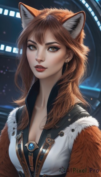 1girl,solo,long hair,breasts,looking at viewer,bangs,brown hair,animal ears,cleavage,brown eyes,jewelry,medium breasts,collarbone,upper body,earrings,parted lips,teeth,orange hair,lips,fur trim,fox ears,makeup,lipstick,extra ears,freckles,red lips,artist name,necklace,animal ear fluff,eyelashes,feathers,realistic,fur