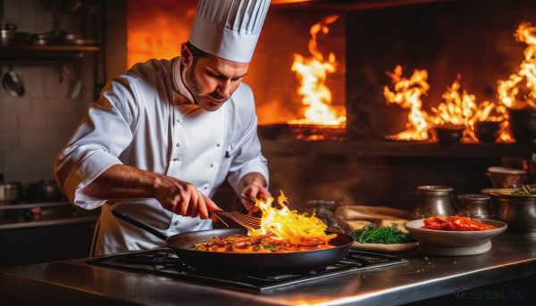 A dynamic view of a male in fiery dynamic scene