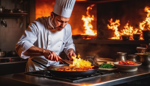 solo,smile,1boy,hat,holding,male focus,food,indoors,buttons,facial hair,white headwear,fire,knife,beard,holding knife,cooking,kitchen,frying pan,chef hat,burning,chef,steak,black hair,closed eyes,signature,dark skin,blurry,apron,blurry background,looking down,realistic,mustache,tomato,vegetable