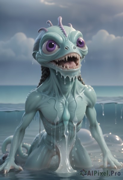 1girl,solo,long hair,breasts,looking at viewer,open mouth,medium breasts,purple eyes,tail,braid,nude,outdoors,sky,teeth,tongue,artist name,cloud,water,wet,no humans,colored skin,ocean,beach,cloudy sky,sharp teeth,monster girl,tentacles,wading,monster,extra eyes,alien,black hair,day,blurry,blue skin,horizon,green skin,dripping,slime (substance)