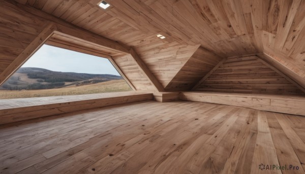 outdoors,sky,day,indoors,blue sky,no humans,window,grass,scenery,wooden floor,mountain,door,wood,cloud,building,road,landscape,ceiling