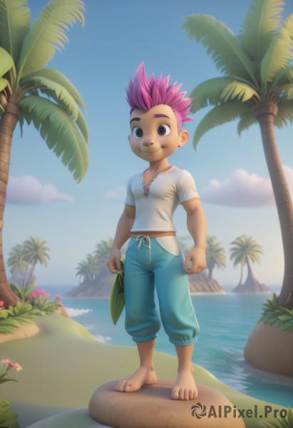 solo,looking at viewer,smile,short hair,shirt,1boy,holding,brown eyes,jewelry,closed mouth,standing,full body,white shirt,pink hair,purple hair,flower,short sleeves,male focus,outdoors,sky,barefoot,day,pants,cloud,water,necklace,tree,blue sky,ocean,beach,thick eyebrows,spiked hair,child,sand,palm tree,holding clothes,blue pants,male child,coconut,artist name,watermark,web address,rock,mohawk