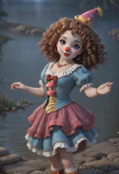 1girl,solo,long hair,breasts,looking at viewer,smile,blue eyes,skirt,brown hair,hat,dress,bow,jewelry,standing,short sleeves,heart,earrings,small breasts,boots,outdoors,frills,parted lips,socks,puffy sleeves,water,necklace,blurry,bracelet,puffy short sleeves,lips,head tilt,kneehighs,makeup,blurry background,blue dress,frilled dress,knee boots,frilled skirt,lipstick,curly hair,hoop earrings,red lips,party hat,clown,blush,teeth,artist name,red bow,web address,pink skirt