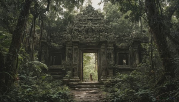 1girl,solo,outdoors,day,tree,dutch angle,leaf,sunlight,plant,building,nature,scenery,forest,stairs,torii,architecture,ruins,statue,shrine,moss,overgrown,long hair,standing,from behind,grass