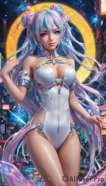 1girl,solo,long hair,breasts,looking at viewer,bangs,blue eyes,large breasts,hair ornament,cleavage,hair between eyes,bare shoulders,twintails,jewelry,medium breasts,very long hair,blue hair,standing,pink hair,multicolored hair,cowboy shot,earrings,sky,dark skin,hair bun,two-tone hair,leotard,dark-skinned female,lips,streaked hair,strapless,double bun,covered navel,detached collar,night,highleg,moon,crescent,building,star (sky),night sky,armlet,highleg leotard,starry sky,strapless leotard,realistic,white leotard,crescent moon,swimsuit,thighs,artist name,aqua eyes,shiny skin,aqua hair