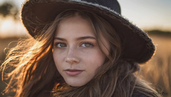 1girl,solo,long hair,looking at viewer,smile,brown hair,hat,brown eyes,closed mouth,outdoors,day,blurry,lips,depth of field,blurry background,wind,portrait,freckles,realistic,nose,straw hat,cowboy hat,artist name,signature,eyelashes,close-up,brown headwear