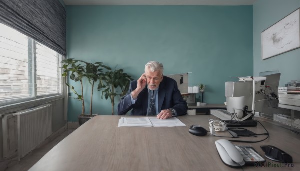 solo,shirt,long sleeves,1boy,sitting,jacket,white hair,grey hair,male focus,necktie,indoors,cup,black jacket,book,window,facial hair,chair,phone,formal,table,suit,blue shirt,plant,desk,watch,paper,realistic,pen,wristwatch,potted plant,lamp,computer,old,old man,laptop,keyboard (computer),newspaper,mouse (computer),blinds,office,corded phone,looking at viewer,white shirt,glasses,collared shirt,scenery,monitor,calendar (object),wrinkled skin