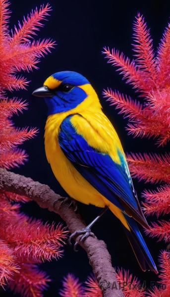 solo,looking at viewer,closed mouth,full body,black eyes,from side,tree,no humans,bird,animal,leaf,plant,black background,flying,realistic,branch,animal focus,beak,parrot,signature,feathers