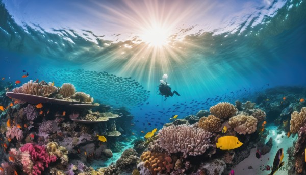 1girl,solo,1boy,white hair,outdoors,sky,water,from behind,ocean,animal,sunlight,scenery,fish,bubble,light rays,rock,underwater,sun,facing away,air bubble,watercraft,sunbeam,wide shot,shell,ambiguous gender,swimming,whale,turtle,coral,short hair,dress,jellyfish,freediving