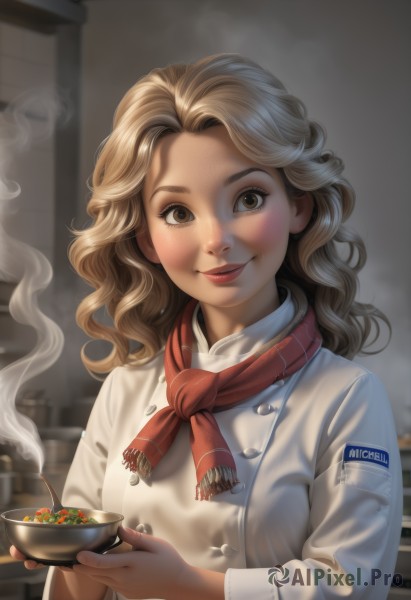 1girl,solo,long hair,looking at viewer,smile,blonde hair,brown hair,long sleeves,holding,brown eyes,closed mouth,upper body,food,artist name,indoors,medium hair,scarf,blurry,cup,lips,buttons,blurry background,wavy hair,steam,forehead,freckles,bowl,curly hair,realistic,double-breasted,holding bowl,chef,soup,blush,coat,smoke,red scarf