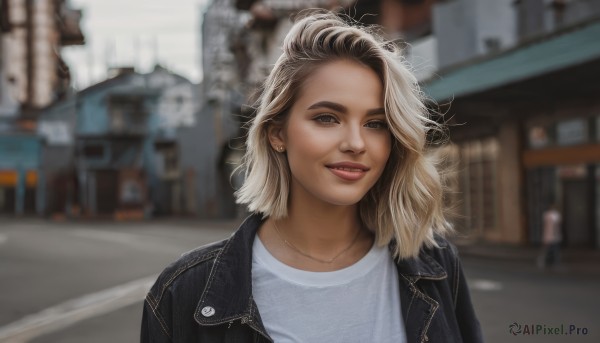 1girl,solo,long hair,looking at viewer,smile,blonde hair,shirt,brown eyes,jewelry,jacket,white shirt,upper body,multicolored hair,earrings,outdoors,parted lips,open clothes,day,medium hair,necklace,blurry,two-tone hair,open jacket,lips,black jacket,blurry background,denim,grey shirt,realistic,stud earrings,leather,leather jacket,photo background,denim jacket,short hair,brown hair,teeth,makeup,depth of field,building,motor vehicle,city,road,street