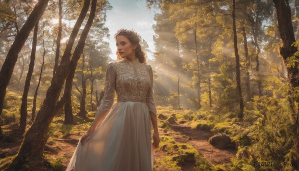 1girl,solo,long hair,skirt,brown hair,long sleeves,dress,brown eyes,jewelry,standing,earrings,outdoors,sky,day,white dress,tree,lips,see-through,looking to the side,leaf,looking away,sunlight,nature,scenery,forest,backlighting,rock,realistic,skirt hold,nose,arms at sides,dappled sunlight,breasts