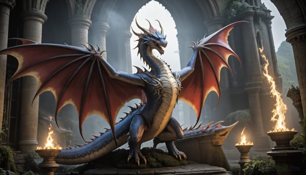 HQ,open mouth,blue eyes,standing,tail,outdoors,wings,horns,teeth,no humans,fangs,fire,plant,sharp teeth,scenery,claws,fantasy,dragon,dragon tail,scales,ruins,pillar,flame,dragon wings,flame-tipped tail,arch,column,breathing fire,solo,red eyes,monster,statue