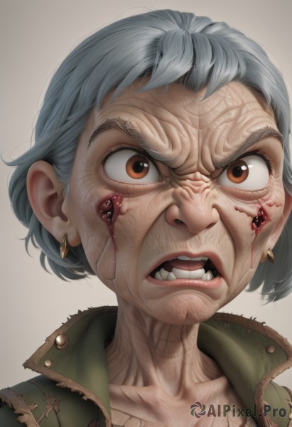 1girl,solo,looking at viewer,short hair,open mouth,simple background,brown eyes,jewelry,collarbone,jacket,grey hair,earrings,teeth,grey background,lips,blood,portrait,veins,injury,blood on face,green jacket,realistic,nose,old,horror (theme),old woman,wrinkled skin,white background,artist name,gradient background,clenched teeth,angry,close-up