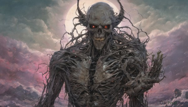 solo,looking at viewer,red eyes,1boy,upper body,male focus,outdoors,horns,sky,teeth,cloud,no humans,glowing,moon,cloudy sky,glowing eyes,1other,skull,monster,fantasy,giant,ribs,skeleton,extra eyes,fog,mountain,horror (theme)