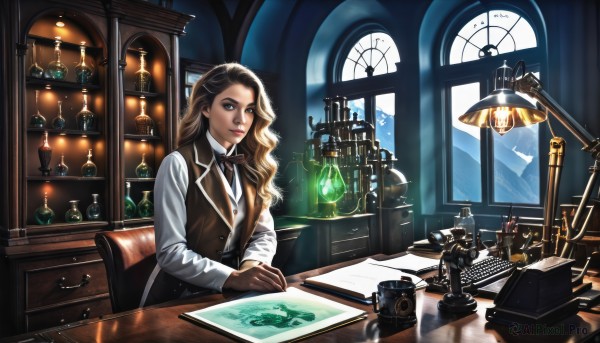 1girl,solo,long hair,looking at viewer,smile,blonde hair,brown hair,shirt,gloves,long sleeves,bow,brown eyes,sitting,white shirt,necktie,collared shirt,indoors,bowtie,vest,cup,lips,book,window,wavy hair,chair,table,own hands together,bottle,desk,brown gloves,paper,realistic,clock,pen,light,lamp,candle,waistcoat,brown vest,map,brown necktie,day,phone,scenery,nose,fantasy,hourglass