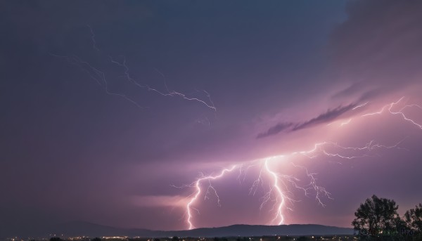 outdoors,sky,cloud,tree,no humans,night,ocean,cloudy sky,nature,scenery,sunset,mountain,electricity,lightning,landscape,purple sky,night sky,forest,horizon,dark,city lights