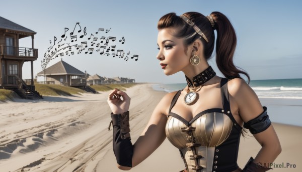 1girl,solo,long hair,breasts,large breasts,brown hair,black hair,cleavage,bare shoulders,brown eyes,jewelry,medium breasts,collarbone,upper body,ponytail,earrings,outdoors,choker,day,collar,lips,beach,musical note,corset,realistic,sand,eighth note,hair pulled back,steampunk,parted lips,sky,hand up,water,necklace,tree,blue sky,window,profile,makeup,ocean,high ponytail,lipstick,goggles,building,armband,pendant,goggles on head,watch,nose,hair tie,music,clock,house,shore,roman numeral,town