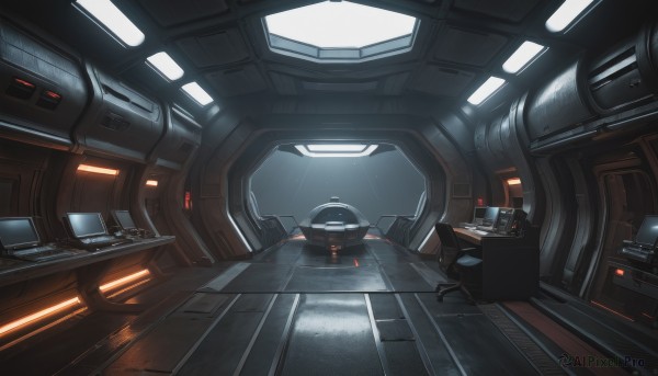 sitting,indoors,no humans,window,chair,scenery,science fiction,realistic,light,monitor,cockpit,seat,robot,cable,space,computer,spacecraft,lights