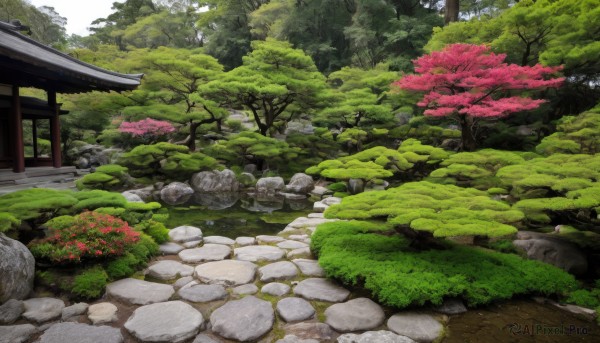 flower,outdoors,day,tree,no humans,grass,plant,cherry blossoms,nature,scenery,forest,rock,road,bush,torii,architecture,east asian architecture,path,stone,stone lantern,water,river,moss,pond,garden