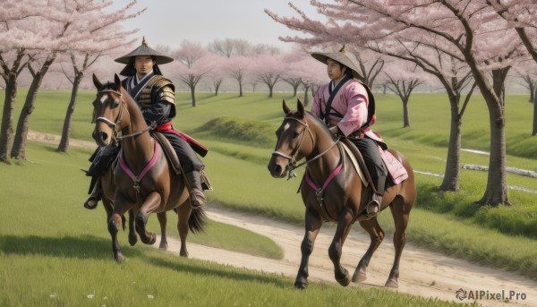 1girl,black hair,gloves,long sleeves,1boy,hat,male focus,outdoors,japanese clothes,multiple boys,day,2boys,kimono,armor,tree,animal,grass,cherry blossoms,riding,japanese armor,pink kimono,horse,horseback riding,reins,saddle,smile,multiple girls,holding,2girls,closed mouth,closed eyes,weapon,flower,sword,holding weapon,scar,katana,sheath,scenery,scar on face,sheathed,field,samurai