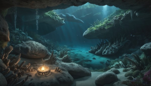 outdoors,water,tree,no humans,ocean,sunlight,nature,scenery,fish,light rays,lantern,rock,underwater,fantasy,light,sunbeam,mushroom,landscape,cave,turtle,coral,night,glowing,skull,dark,skeleton,bone,campfire