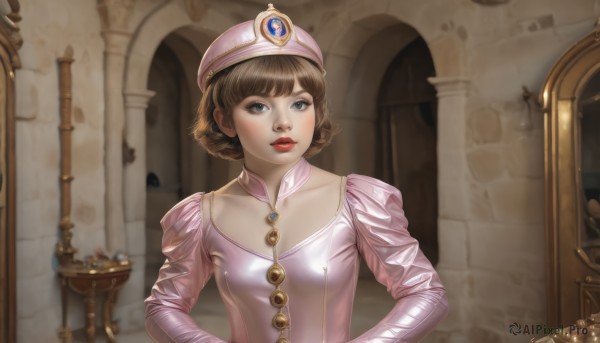 1girl,solo,breasts,short hair,bangs,blue eyes,brown hair,long sleeves,hat,dress,jewelry,collarbone,upper body,braid,parted lips,puffy sleeves,indoors,lips,grey eyes,makeup,lipstick,juliet sleeves,gem,pink dress,hands on hips,realistic,red lips,looking at viewer