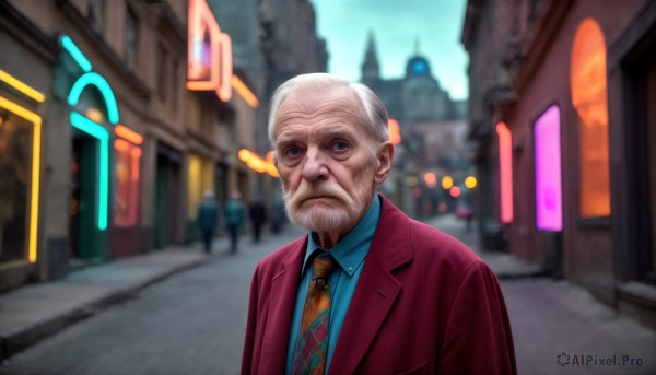 HQ,solo,looking at viewer,blue eyes,shirt,1boy,closed mouth,jacket,upper body,white hair,grey hair,male focus,outdoors,necktie,sky,solo focus,day,collared shirt,blurry,blurry background,facial hair,formal,suit,blue shirt,building,beard,red jacket,city,realistic,road,bald,old,yellow necktie,old man,street,wrinkled skin,short hair,signature,nose,argyle