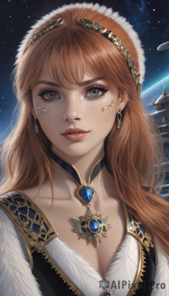 1girl,solo,long hair,breasts,looking at viewer,bangs,brown hair,cleavage,brown eyes,jewelry,medium breasts,collarbone,upper body,earrings,parted lips,sky,choker,artist name,necklace,star (symbol),orange hair,lips,fur trim,eyelashes,makeup,night,watermark,gem,portrait,star (sky),night sky,starry sky,freckles,realistic,nose,hair ornament,tiara,space,planet