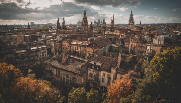 outdoors,sky,cloud,tree,no humans,window,cloudy sky,building,scenery,stairs,city,fantasy,cityscape,architecture,house,bridge,tower,rooftop,day,signature,road,bush,castle,landscape