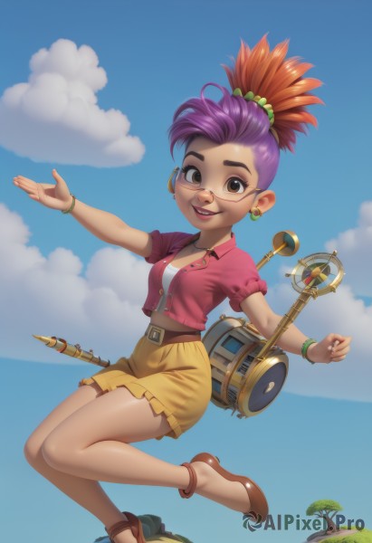 1girl,solo,breasts,looking at viewer,smile,short hair,open mouth,skirt,shirt,hair ornament,brown eyes,jewelry,full body,ponytail,purple hair,short sleeves,multicolored hair,earrings,small breasts,outdoors,open clothes,sky,shoes,glasses,shorts,teeth,day,puffy sleeves,belt,cloud,dark skin,necklace,orange hair,bracelet,two-tone hair,dark-skinned female,tree,blue sky,puffy short sleeves,lips,ocean,brown footwear,sandals,outstretched arms,instrument,freckles,anklet,palm tree,bangle,medium breasts,jacket,parted lips,midriff,artist name,signature,scrunchie,thick eyebrows,staff,semi-rimless eyewear,web address,flying,short ponytail,pink shirt,under-rim eyewear,round eyewear,yellow shorts