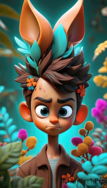 solo,looking at viewer,short hair,blue eyes,brown hair,shirt,hair ornament,1boy,animal ears,closed mouth,green eyes,jacket,upper body,flower,male focus,outdoors,hair flower,dark skin,blurry,blurry background,frown,leaf,scar,dark-skinned male,plant,spiked hair,child,brown jacket,male child,mushroom,black hair,multicolored hair,artist name,two-tone hair,watermark,thick eyebrows,serious,leather jacket