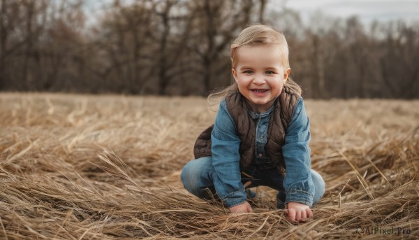 1girl,solo,long hair,looking at viewer,smile,open mouth,blue eyes,blonde hair,shirt,long sleeves,jewelry,full body,outdoors,teeth,pants,necklace,blurry,vest,tree,blurry background,squatting,blue shirt,denim,realistic,blue pants,field,photo background,brown hair,day,depth of field,child,jeans,blue vest,old,open vest,wrinkled skin,denim jacket,wheat