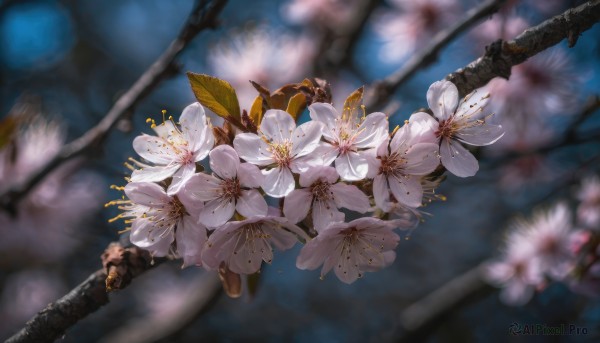 weapon, flower, outdoors, sword, blurry, no humans, depth of field, blurry background, white flower, cherry blossoms, scenery, realistic, branch, still life