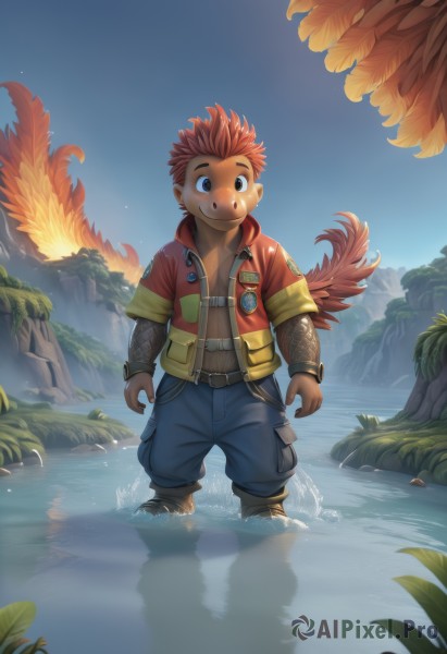 solo,looking at viewer,blush,smile,short hair,1boy,brown eyes,standing,jacket,tail,full body,male focus,red hair,outdoors,wings,sky,day,belt,pants,water,black eyes,tree,leaf,feathers,child,nature,red jacket,wading,furry male,male child,navel,artist name,blue sky,plant,spiked hair,reflection,mountain,waterfall,lake