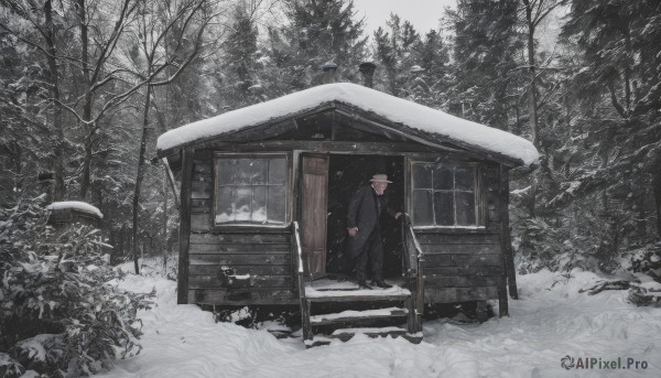 1girl,solo,short hair,black hair,long sleeves,1boy,hat,standing,male focus,outdoors,multiple boys,day,2boys,tree,coat,building,nature,scenery,snow,forest,black coat,snowing,stairs,door,house,wide shot,winter,bare tree,footprints,holding,monochrome,pink hair,shoes,pants,black footwear,black pants